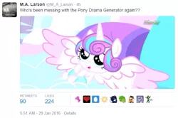 Size: 581x385 | Tagged: derpibooru import, discovery family logo, drama, flurry heart drama, larson you magnificent bastard, m.a. larson, meme, meta, pony drama generator, princess flurry heart, safe, screencap, solo, spoiler:s06, text, thanks m.a. larson, twitter