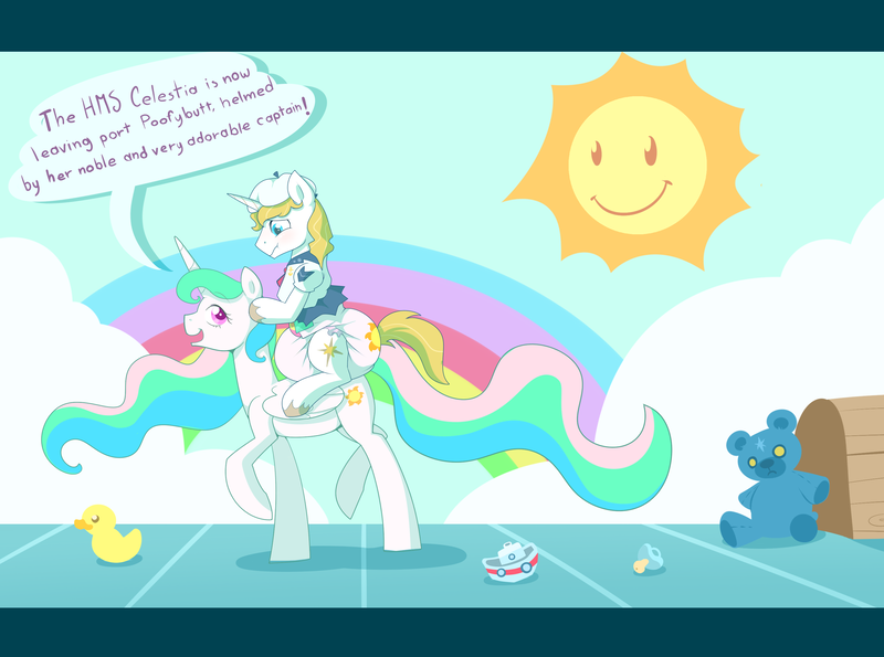 Size: 2890x2150 | Tagged: artist:cuddlehooves, crossdressing, cuddlehooves is trying to murder us, cute, cutelestia, derpibooru import, diaper, diaper fetish, frown, high res, missing accessory, open mouth, poofy diaper, prince, prince blueblood, princess, princess celestia, questionable, raised hoof, raised leg, sitting, smiling, :t, toy, walking
