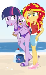 Size: 625x1000 | Tagged: safe, artist:dm29, derpibooru import, spike, sunset shimmer, twilight sparkle, dog, equestria girls, beach, belly button, bikini, clothes, down under summer, sandals, spike the dog, sun, sunscreen, swimsuit, trio