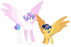 Size: 3000x2000 | Tagged: safe, artist:kianamai, derpibooru import, princess flurry heart, oc, oc:starburst, alicorn, pegasus, pony, kilalaverse, spoiler:s06, colored wings, colored wingtips, cousins, eye contact, female, floppy ears, frown, lineless, mare, next generation, offspring, older, parent:flash sentry, parent:twilight sparkle, parents:flashlight, raised eyebrow, simple background, smiling, smirk, spread wings, transparent background, wing envy