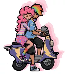 Size: 800x881 | Tagged: safe, artist:sensko, derpibooru import, pinkie pie, rainbow dash, human, blushing, clothes, converse, eyes closed, female, hug from behind, humanized, lesbian, moped, pinkiedash, riding in tandem, shipping, shoes