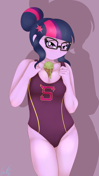 Size: 1083x1920 | Tagged: suggestive, artist:matimus91, derpibooru import, sci-twi, twilight sparkle, equestria girls, between breasts, breasts, busty twilight sparkle, cleavage, clothes, female, food, glasses, ice cream, lidded eyes, looking at you, melting, one-piece swimsuit, shadowbolts swimsuit, smiling, solo, solo female, swimsuit