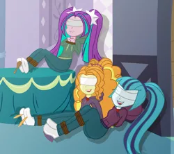 Size: 1680x1491 | Tagged: suggestive, artist:bondagelover888, derpibooru import, adagio dazzle, aria blaze, sonata dusk, equestria girls, blindfold, bondage, clothes, laughing, lip bite, missing shoes, socks, the dazzlings, tickle torture, tickling