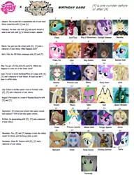 Size: 1150x1499 | Tagged: amelius, applejack, bianca, birthday game, cherubim, coco (legend of legacy), derpibooru import, derpy hooves, discord, eloise (legend of legacy), exploitable meme, filmia, fluttershy, garnet, golem, king of adventurers, king sombra, legend of legacy, liber, lilith, lord tirek, meme, meurs, owen, pinkie pie, princess celestia, princess flurry heart, princess luna, queen chrysalis, rainbow dash, rarity, safe, shadow giant, spike, spoiler:s06, starlight glimmer, stickbug sentinel, text, twilight sparkle