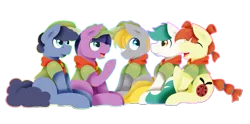 Size: 805x399 | Tagged: artist:flashbrush, camp friendship, clothes, colt, derpibooru import, filly, hat, lavandula, nature walk, neckerchief, safe, shady blues, shirt, soft ice, the mane attraction, wild card