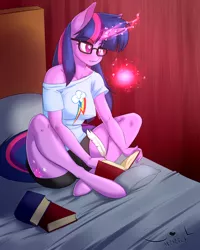 Size: 4000x5000 | Tagged: absurd resolution, anthro, artist:souladdicted, bed, book, clothes, cutie mark, derpibooru import, female, glasses, implied twidash, magic, off shoulder, quill, shirt, shorts, shoulder shirt, solo, solo female, studying, suggestive, twilight sparkle, unguligrade anthro, writing