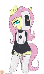 Size: 900x1500 | Tagged: anthro, artist:alasou, breasts, clothes, cosplay, costume, cute, delicious flat chest, derpibooru import, female, flattershy, fluttershy, glados, patreon, patreon logo, pegasus, portal, portal (valve), safe, shyabetes, simple background, solo, white background