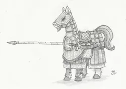 Size: 1024x724 | Tagged: armor, artist:sensko, black and white, derpibooru import, grayscale, lance, mamluk, monochrome, pencil drawing, saddle arabian, safe, solo, sword, traditional art, weapon