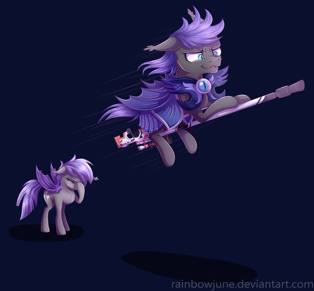 Size: 2422x2241 | Tagged: safe, artist:rainbowjune, derpibooru import, oc, oc:au hasard, oc:midnight blossom, unofficial characters only, bat pony, pony, armor, asiimov, awp, counter-strike, counter-strike: global offensive, crossover, facehoof, fangs, flying, gun, night guard, rifle, royal guard, slit eyes, sniper rifle, speed lines, video game, weapon