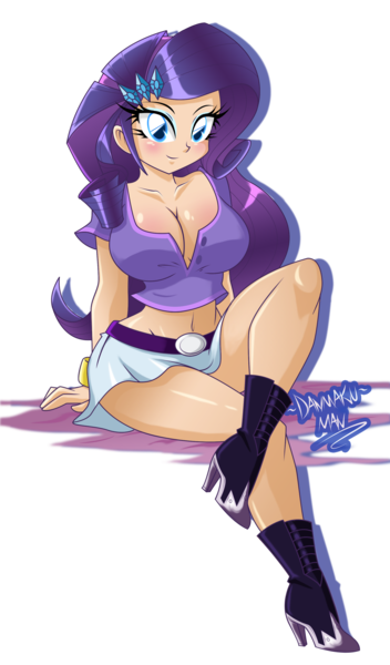 Size: 1762x3000 | Tagged: adorasexy, artist:danmakuman, belly button, belt, blushing, boots, breasts, busty rarity, cleavage, clothes, commission, cute, derpibooru import, female, high heel boots, high heels, human, humanized, legs, looking at you, midriff, miniskirt, rarity, sexy, shirt, signature, simple background, sitting, skirt, smiling, solo, solo female, stupid sexy rarity, suggestive, thighs, transparent background