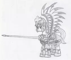 Size: 972x823 | Tagged: safe, artist:sensko, derpibooru import, earth pony, pony, armor, black and white, grayscale, hussar, lance, monochrome, pencil drawing, solo, sword, traditional art, weapon, winged hussar