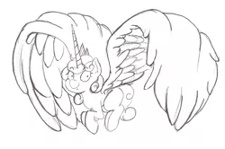 Size: 1502x1000 | Tagged: derpibooru import, filly, impossibly large horn, impossibly large wings, monochrome, princess flurry heart, safe, solo, spoiler:s06
