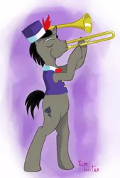 Size: 1024x1511 | Tagged: safe, artist:yuuri ishtar, derpibooru import, discord, ponified, pony, alternate gender counterpart, musician, pony discord, solo, species swap, trombone