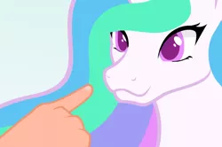 Size: 658x438 | Tagged: safe, artist:4as, derpibooru import, princess celestia, alicorn, human, pony, :3, boop, cute, cutelestia, flash game, hand, hnnng, horn, imminent boop, purple eyes, smiling, solo focus, weapons-grade cute