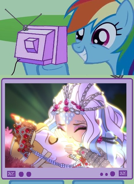 Size: 563x771 | Tagged: apple white, context is for the weak, cpr, darling charming, derpibooru import, ever after high, exploitable meme, female, kissing, lesbian, meme, obligatory pony, rainbow dash, safe, tv meme, well then