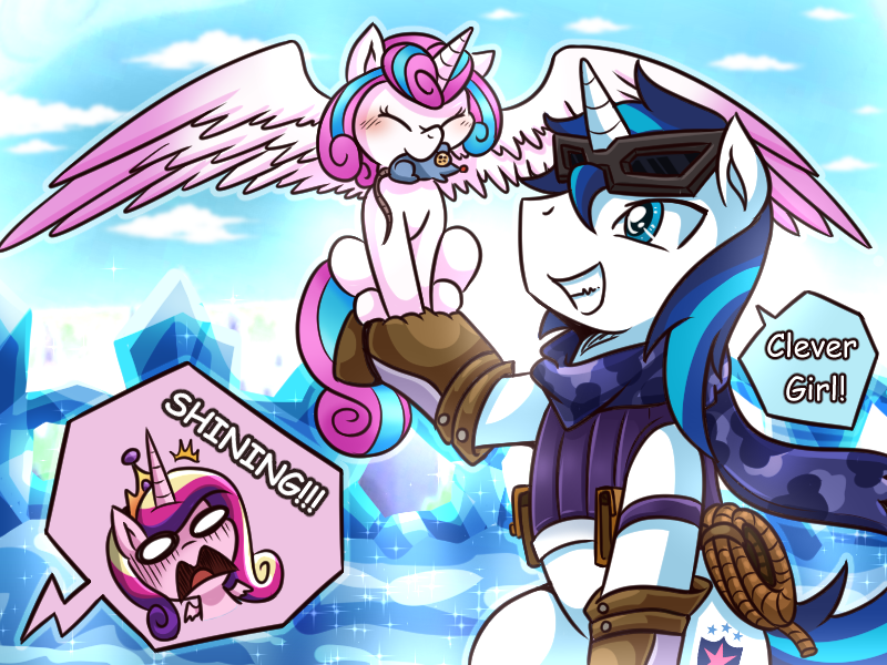 Size: 800x600 | Tagged: safe, artist:vavacung, derpibooru import, princess cadance, princess flurry heart, shining armor, alicorn, pony, unicorn, the crystalling, "responsible father" armor, behaving like a bird, blushing, cat toy, clever girl, clothes, cosplay, costume, crystal empire, cute, eyes closed, falconer, falconry, father and daughter, female, filly, flurrybetes, foal, funny, goggles, grin, horrified, impossibly large wings, jurassic park, male, mare, mouth hold, nom, older, open mouth, ragnarok online, ranger, rope, scarf, shining adorable, sitting, smiling, spread wings, stallion, this will end in a night on the couch, vavacung is trying to murder us, wide eyes