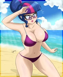 Size: 1000x1220 | Tagged: armpits, artist:thebrokencog, beach, belly button, big breasts, bikini, blushing, breasts, busty twilight sparkle, cleavage, clothes, derpibooru import, female, glasses, huge breasts, human, humanized, open mouth, sci-twi, solo, solo female, suggestive, swimsuit, twilight sparkle, wide eyes