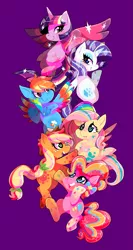 Size: 1023x1920 | Tagged: safe, artist:sharmie, derpibooru import, applejack, fluttershy, pinkie pie, rainbow dash, rarity, twilight sparkle, twilight sparkle (alicorn), alicorn, pony, bedroom eyes, chibi, female, mane six, mare, open mouth, rainbow power, simple background, smiling, sparkles