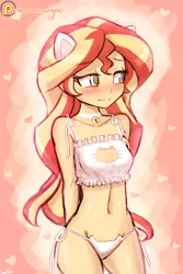 Size: 750x1125 | Tagged: suggestive, artist:lumineko, derpibooru import, sunset shimmer, cat, equestria girls, :t, bell, bell collar, belly button, blushing, boob window, bra, breasts, cat ears, cat keyhole bra set, cat lingerie, cleavage, clothes, collar, crop top bra, embarrassed, embarrassed underwear exposure, female, frilly underwear, heart, humanized, lingerie, looking away, nyanset shimmer, panties, patreon, patreon logo, photoshop, sexy, side knot underwear, small breasts, solo, solo female, underwear, white underwear