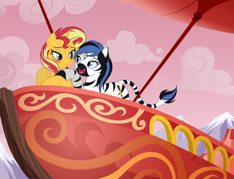 Size: 1045x802 | Tagged: safe, artist:brianblackberry, derpibooru import, sunset shimmer, oc, oc:nightfall, pony, equestria girls, airship, blushing, canon x oc, female, lesbian, shipping