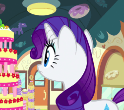 Size: 608x540 | Tagged: animated, cake, derpibooru import, floppy ears, food, mmmystery on the friendship express, rarity, rarity looking at food, safe, screencap, scrunchy face