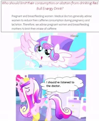 Size: 660x808 | Tagged: derpibooru import, energy drink, pinkie pie, princess cadance, princess flurry heart, red bull, red bull gives you wings, safe, screencap, spoiler:s06, text