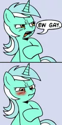 Size: 249x499 | Tagged: blatant lies, blushing, comic, denial, derpibooru import, dialogue, ew gay, frown, glare, in denial, looking down, lyra heartstrings, meme, open mouth, safe, solo, speech bubble, tsundere