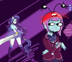 Size: 500x434 | Tagged: safe, artist:pandanx12, derpibooru import, rarity, sunny flare, ask the shadowbolts, equestria girls, friendship games, clothes, crystal prep academy uniform, hat, implied rarity fighting a giant crab, ponied up, school uniform, skirt, sword, this will end in crab battle, weapon