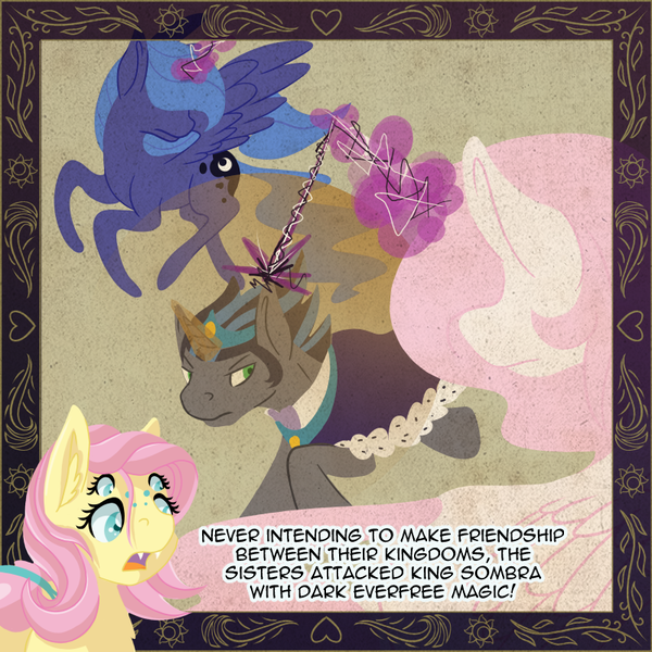 Size: 800x800 | Tagged: alternate universe, artist:couchcrusader, comic:children of everfree, dark magic, derpibooru import, drider, fluttershy, good king sombra, king sombra, magic, monster pony, original species, pink-mane celestia, princess celestia, princess luna, safe, species swap, spiderpony, spidershy, story, tumblr, younger