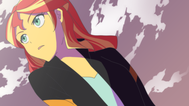 Size: 1280x720 | Tagged: safe, artist:kona1025, derpibooru import, sunset shimmer, equestria girls, clothes, female, jacket, kill la kill, leather jacket, low angle, parody, pixiv, solo