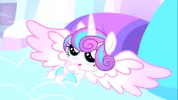 Size: 1366x768 | Tagged: cute, derpibooru import, flurrybetes, impossibly large horn, impossibly large wings, looking up, on back, open mouth, princess flurry heart, safe, screencap, smiling, solo, spoiler:s06, spread wings, weapons-grade cute