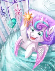 Size: 1024x1325 | Tagged: safe, artist:dangerblaze, derpibooru import, princess flurry heart, pony, spoiler:s06, baby, baby pony, bed, blanket, crib, crib mobile, cute, flurrybetes, on back, open mouth, reaching, smiling, solo