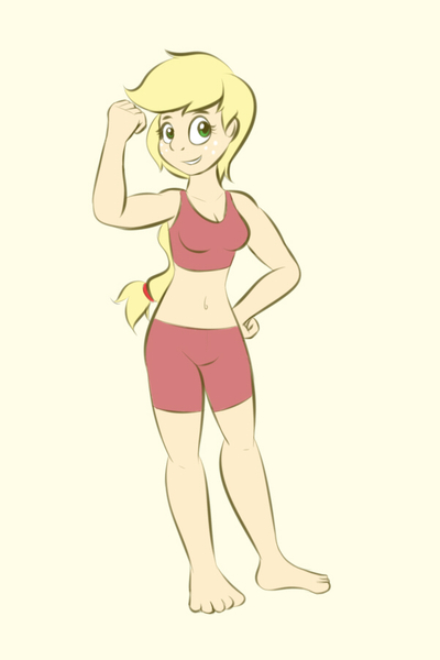 Size: 600x900 | Tagged: applejack, artist:samofbob, barefoot, belly button, blonde, clothes, derpibooru import, feet, hatless, human, humanized, midriff, missing accessory, safe, solo, tanktop