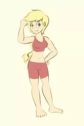 Size: 600x900 | Tagged: applejack, artist:samofbob, barefoot, belly button, blonde, clothes, derpibooru import, feet, hatless, human, humanized, midriff, missing accessory, safe, solo, tanktop