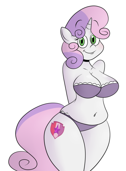 Size: 1789x2427 | Tagged: anthro, artist:scobionicle99, belly button, bra, breasts, busty sweetie belle, chubby, cleavage, clothes, cute, derpibooru import, female, older, panties, plump, purple underwear, simple background, solo, solo female, suggestive, sweetie belle, transparent background, underwear, wide hips