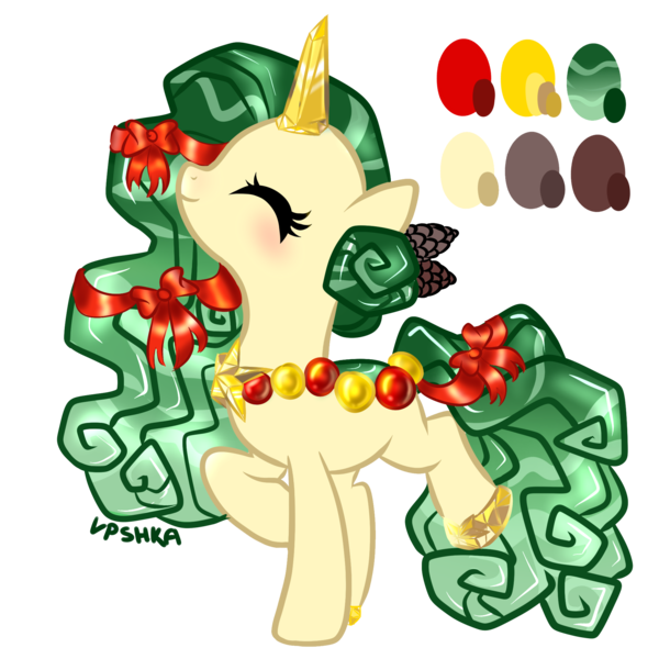 Size: 2000x2000 | Tagged: safe, artist:vpshka, derpibooru import, oc, unofficial characters only, original species, pond pony, unicorn, blushing, christmas tree, eyes closed, ornament, solo