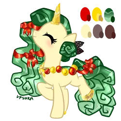 Size: 2000x2000 | Tagged: safe, artist:vpshka, derpibooru import, oc, unofficial characters only, original species, pond pony, unicorn, blushing, christmas tree, eyes closed, ornament, solo