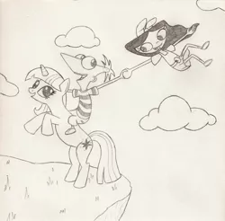 Size: 2412x2375 | Tagged: safe, artist:catula, derpibooru import, twilight sparkle, human, pony, unicorn, crossover, female, isabella garcia shapiro, male, mare, monochrome, phineas and ferb, phineas flynn, traditional art