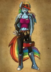 Size: 3507x4960 | Tagged: safe, artist:somnias, derpibooru import, rainbow dash, anthro, pegasus, absurd resolution, bandaid, belly button, clothes, converse, dirty, female, mechanic, shoes, smiling, solo, tongue out, tool, toolbelt, toolbox, tools