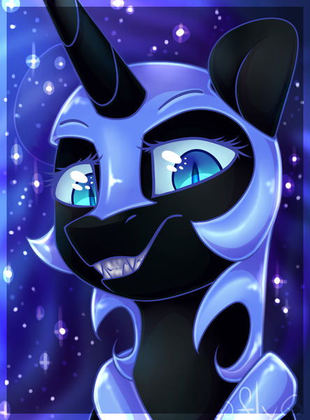 Size: 973x1316 | Tagged: artist:starlyflygallery, derpibooru import, ethereal mane, fangs, grin, moonabetes, nightmare moon, portrait, safe, solo, starry mane