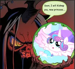 Size: 450x420 | Tagged: safe, artist:andypriceart, derpibooru import, idw, princess flurry heart, queen chrysalis, alicorn, changeling, pony, season 6, spoiler:s06, baby, baby pony, big horn, chrysalis palantir, crystal ball, exploitable meme, hilarious in hindsight, large wings, meme, queen chrysalis's crystal ball