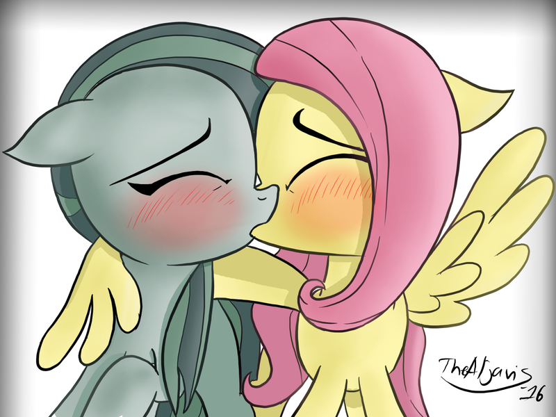 Size: 1280x960 | Tagged: safe, artist:thealjavis, derpibooru import, fluttershy, marble pie, earth pony, pegasus, pony, blushing, eyes closed, female, hug, kissing, lesbian, marbleshy, mare, raised hoof, shipping, simple background, winghug