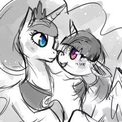 Size: 1280x1280 | Tagged: safe, artist:cherivinca, derpibooru import, princess luna, twilight sparkle, twilight sparkle (alicorn), alicorn, pony, female, grayscale, lesbian, mare, monochrome, neo noir, partial color, shipping, simple background, sketch, smiling, twiluna, white background