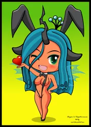 Size: 643x900 | Tagged: suggestive, artist:evov1, derpibooru import, queen chrysalis, human, absolute cleavage, adorasexy, belly button, bikini, breasts, busty queen chrysalis, chibi, cleavage, clothes, cute, cutealis, eared humanization, eyeshadow, female, heart, horned humanization, humanized, makeup, sexy, sling bikini, solo, solo female, stupid sexy chrysalis, swimsuit, winged humanization, wink