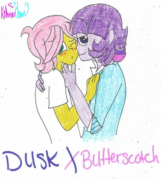 Size: 1024x1137 | Tagged: safe, artist:xxfluffypachirisuxx, derpibooru import, fluttershy, twilight sparkle, equestria girls, blushing, butterscotch, buttershine, dusk shine, equestria guys, gay, humanized, male, rule 63, shipping, smug, traditional art, twishy