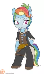 Size: 900x1500 | Tagged: anthro, artist:alasou, borderlands, borderlands 2, chibi, clothes, cosplay, costume, derpibooru import, hand on hip, handsome jack, patreon, patreon logo, plantigrade anthro, rainbow dash, safe, solo