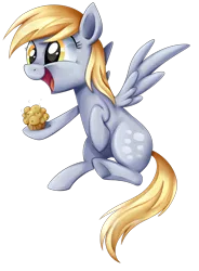 Size: 1024x1394 | Tagged: safe, artist:autumn-dreamscape, derpibooru import, derpy hooves, pegasus, pony, cute, derpabetes, female, food, happy, mare, muffin, open mouth, simple background, solo, that pony sure does love muffins