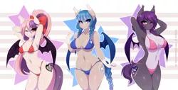 Size: 1536x782 | Tagged: suggestive, artist:re-sublimity-kun, derpibooru import, oc, oc:glimmer palette, oc:midnight mural, oc:sweet velvet, unofficial characters only, anthro, bat pony, adorasexy, anthro oc, armpits, belly button, big breasts, bikini, bow, braid, breasts, clothes, cute, fangs, female, hair bow, heart eyes, mare, ponytail, sexy, small breasts, swimsuit, trio, wingding eyes, wink