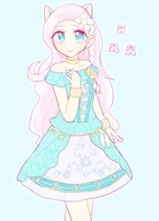 Size: 518x720 | Tagged: safe, artist:nemucure, derpibooru import, fluttershy, butterfly, human, equestria girls, blue background, clothes, colored pupils, cute, cutie mark, dress, off shoulder, shyabetes, simple background, solo