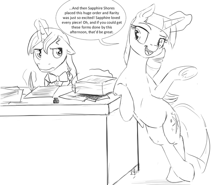 Size: 1200x1046 | Tagged: safe, artist:silfoe, derpibooru import, prince blueblood, twilight sparkle, twilight sparkle (alicorn), alicorn, pony, royal sketchbook, annoyed, bipedal, bipedal leaning, bored, female, floppy ears, grayscale, leaning, magic, mare, monochrome, office space, paper, paperwork